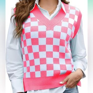 Vibrant Pink and White V-Neck Sweater Vest